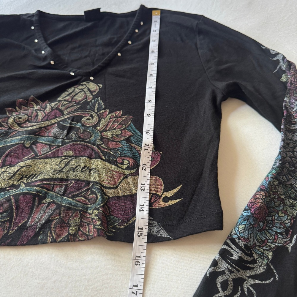 Urban Outfitters Tattoo Graphic Crop Top Size S Black V-Neck Y2K Rhinestone Goth - Picture 8 of 11